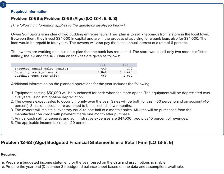  Problem 13-68 \& Problem 13-69 (Algo) (LO 13-4, 5, 6, 8)