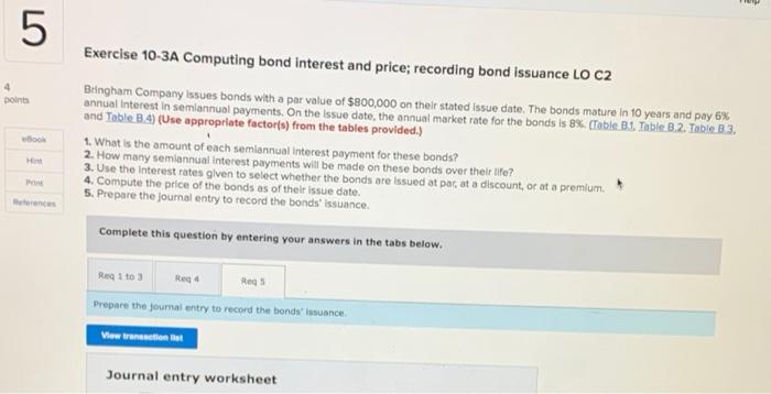  5 4 point Exercise 10-3A Computing bond interest and price; recording