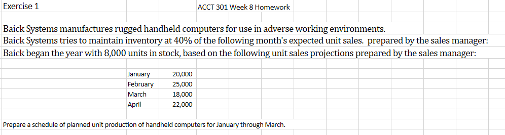  Exercise 1 ACCT 301 Week 8 Homework Baick Systems manufactures rugged
