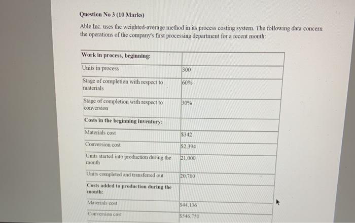 Question No 3 (10 Marks) Able Inc. uses the weighted average