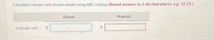 Majestic, which sells for $1,320. The production cost computed per unit under