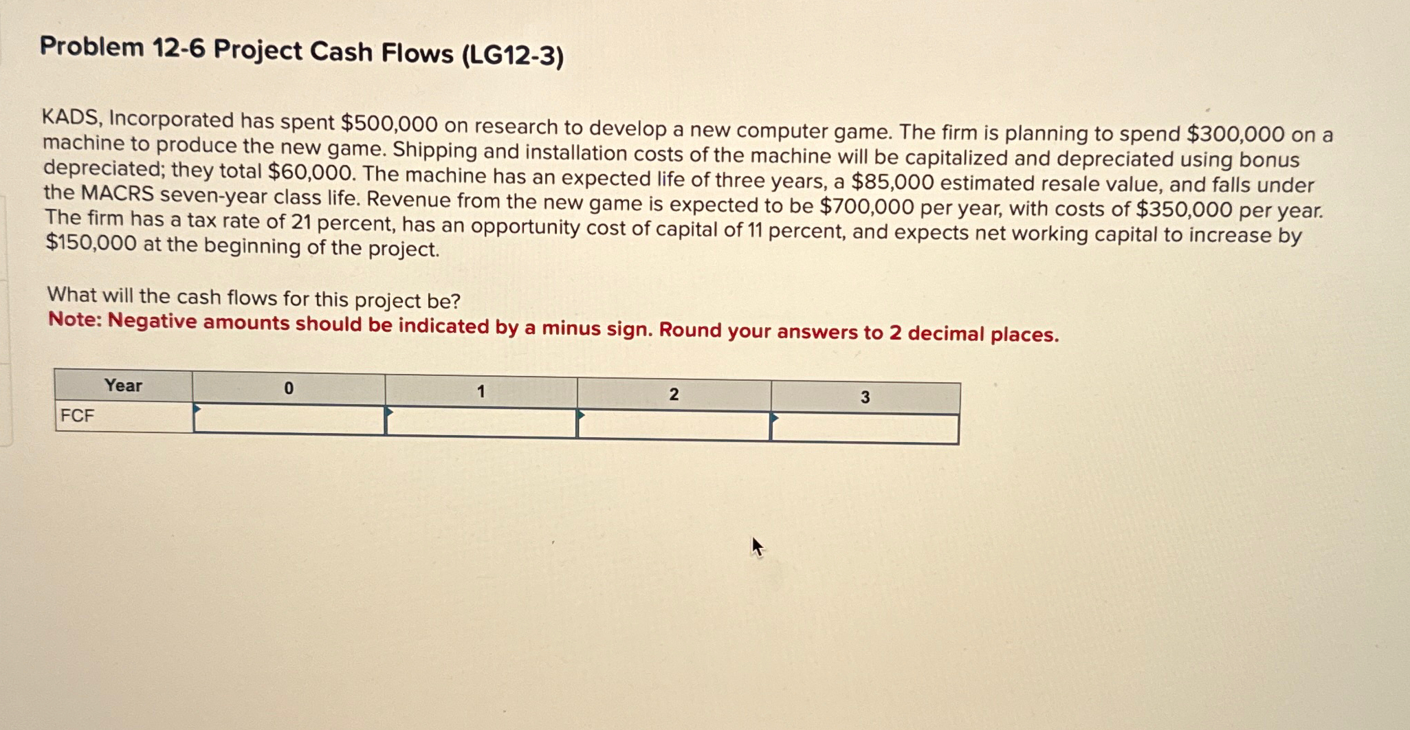  Problem 12-6 Project Cash Flows (LG12-3) KADS, Incorporated has spent $500,000