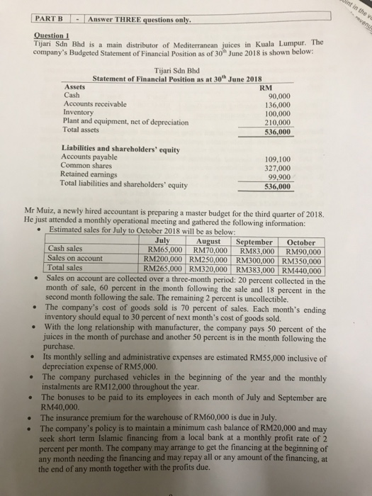 PART B - Answer THREE questions only. Question 1 Tijari Sdn