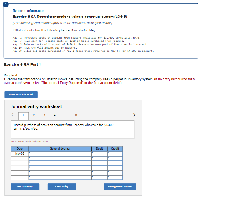  Required Information Exercise 6-9A Record transactions using a perpetual system (L06-5)