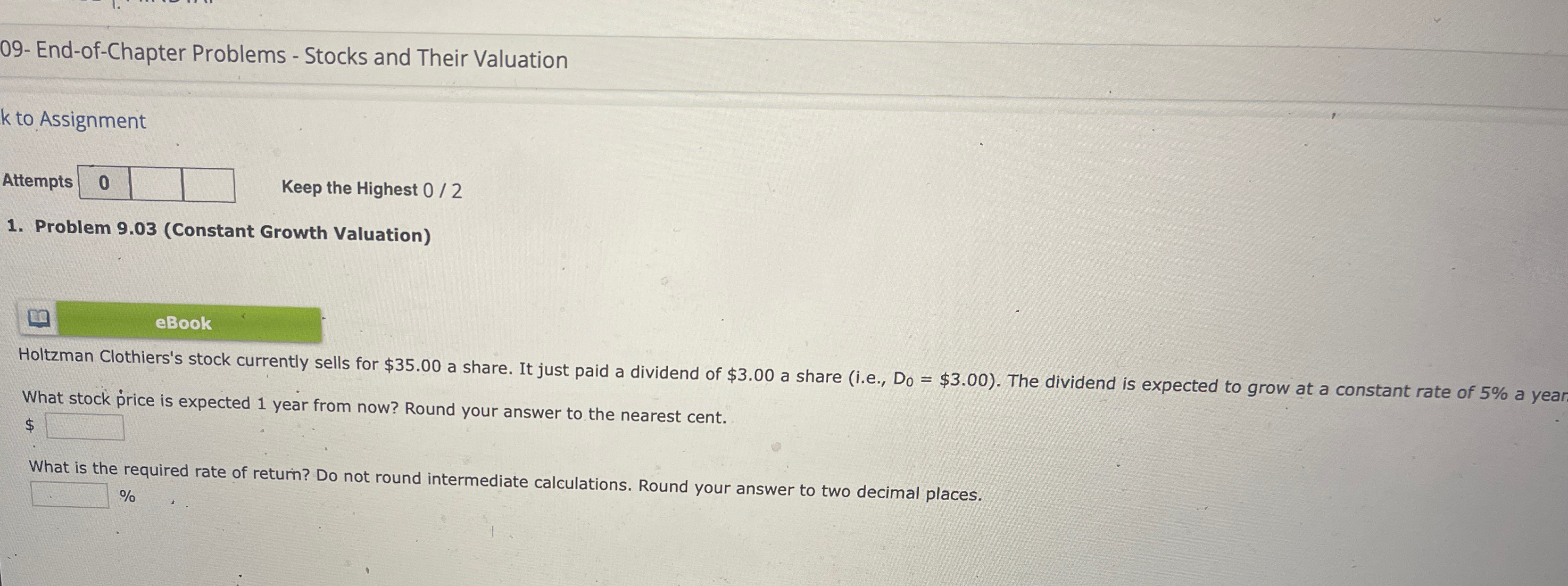  09- End-of-Chapter Problems - Stocks and Their Valuation k to Assignment