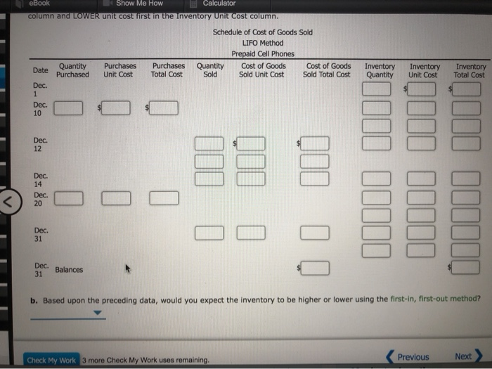 Beginning inventory, purchases, and sales data for prepaid cell phones for December