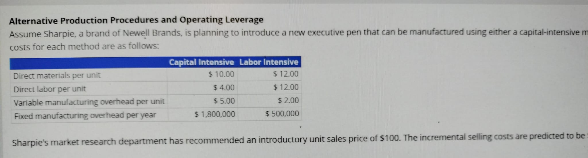  Alternative Production Procedures and Operating Leverage Assume Sharpie, a brand of