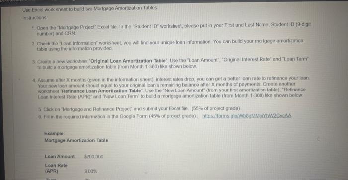  Use Excel work sheet to build two Mortgage Amortization Tables Itentructions: