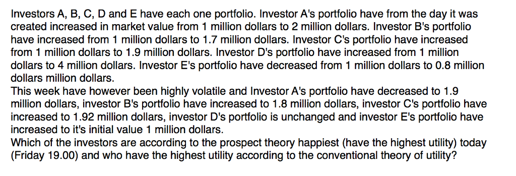  Investors A, B, C, D and E have each one portfolio.