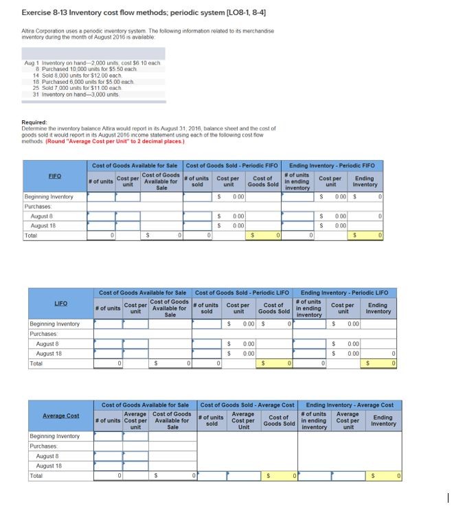 Exercise 8-13 Inventory cost flow methods; periodic system [LO8-1, 8-4] Altra