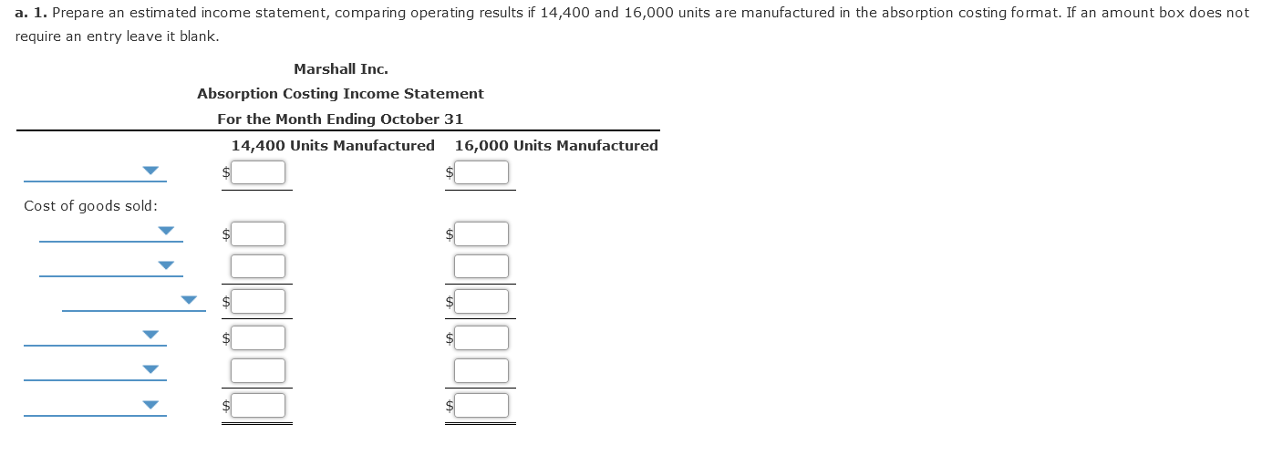 first month of operations ending October 31, Marshall Inc. estimated the following
