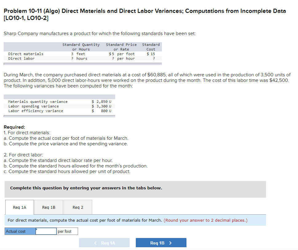  Problem 10-11 (Algo) Direct Materials and Direct Labor Variances; Computations from