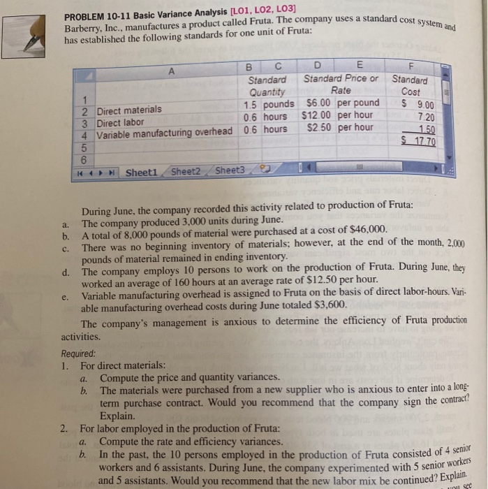  standard cost system and PROBLEM 10-11 Basic Variance Analysis (L01, LO2,