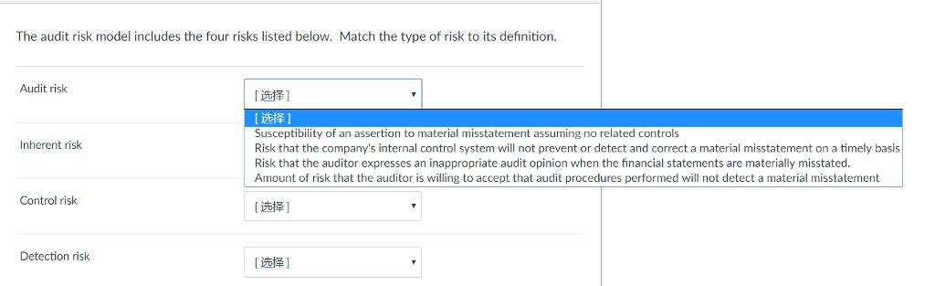 The audit risk model includes the four risks listed below. Match