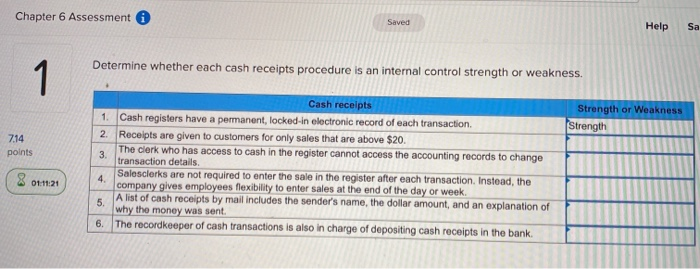  Chapter 6 Assessment Saved Help Sa Determine whether each cash receipts