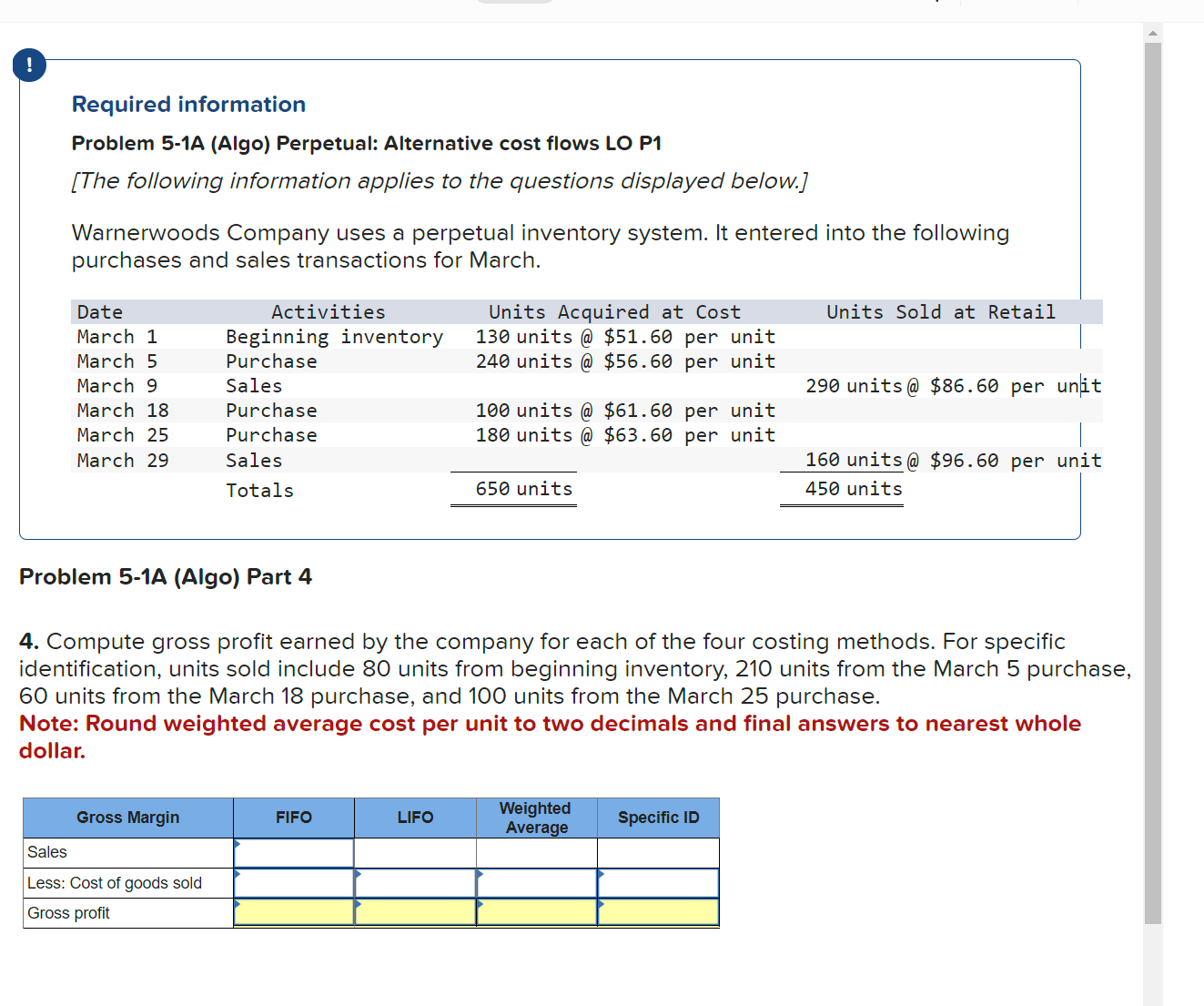 and (d) specific identification. For specific identification, units sold include 80 units