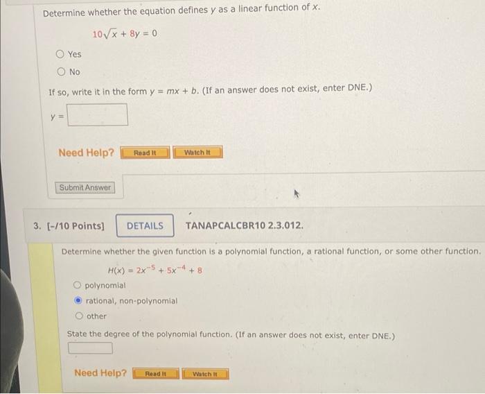 PLEASE ANSWER THIS Determine whether the equation defines y as a linear