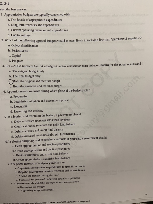 X. 3-1 elect the best answer. 1. Appropriation budgets are typically