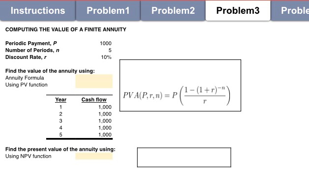 the highlighted yellow cell following the instructions. Instructions Problem1 Problem2 Problem3 COMPUTING