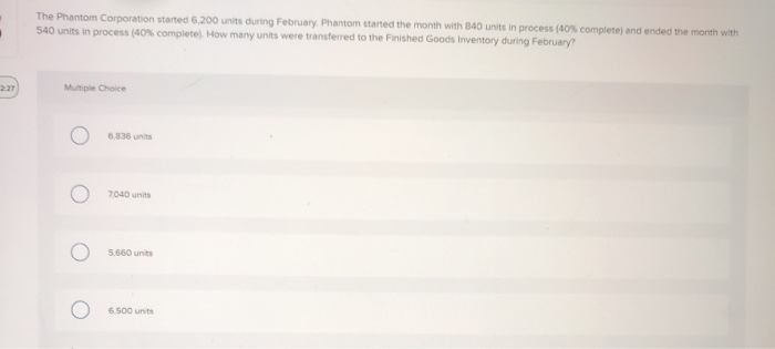  The Phantom Corporation started 6.200 units during February Phantom started the