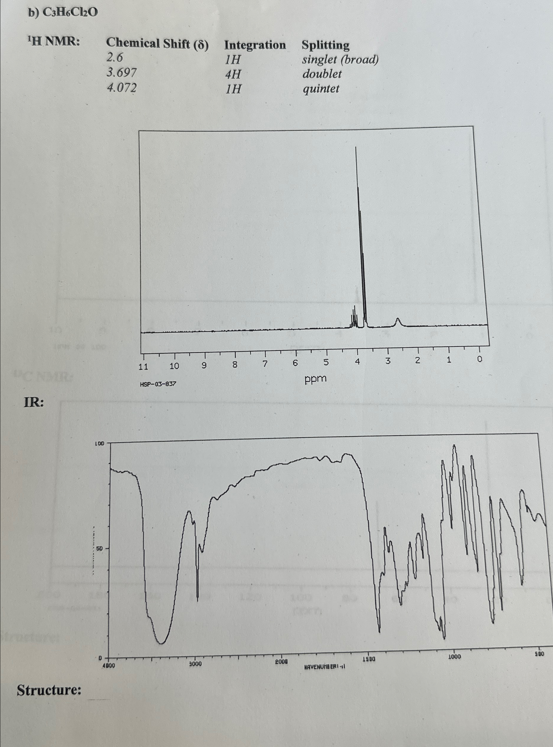  b)C3H6Cl2O \table[[1 H NMR:,Chemical Shift (8),Integration,Splitting],[2.6,1H,singlet (broad),],[3.697,4H,doublet,],[4.072,1H,quintet,]] IR: Structure: 