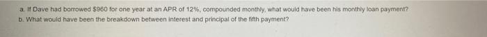  a. If Dave had borrowed $960 for one year at an