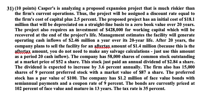 31) (10 points) Casper's is analyzing a proposed expansion project that
