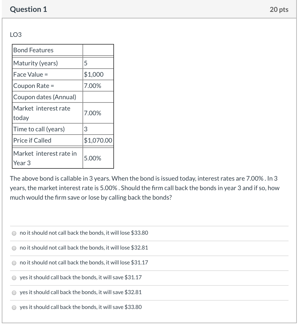 please answer Question 1 20 pts LO3 Bond Features Maturity (years) 5