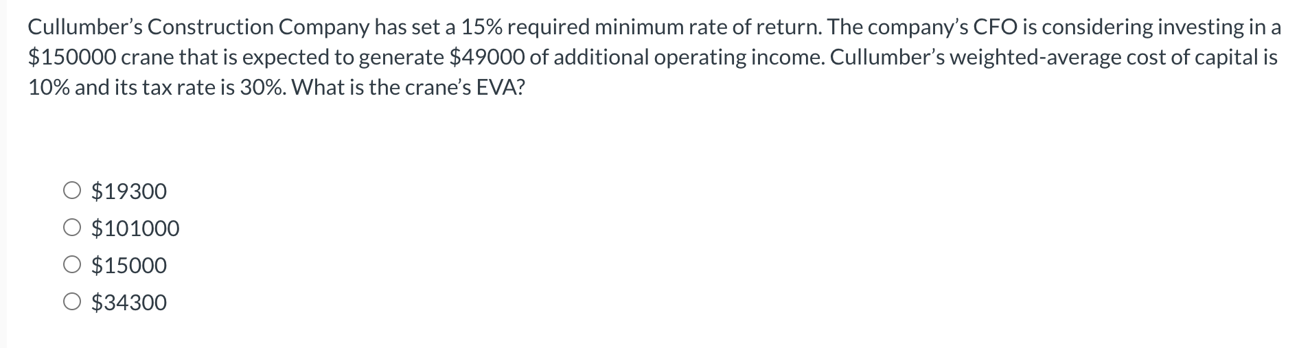 Cullumber's Construction Company has set a 15% required minimum rate of