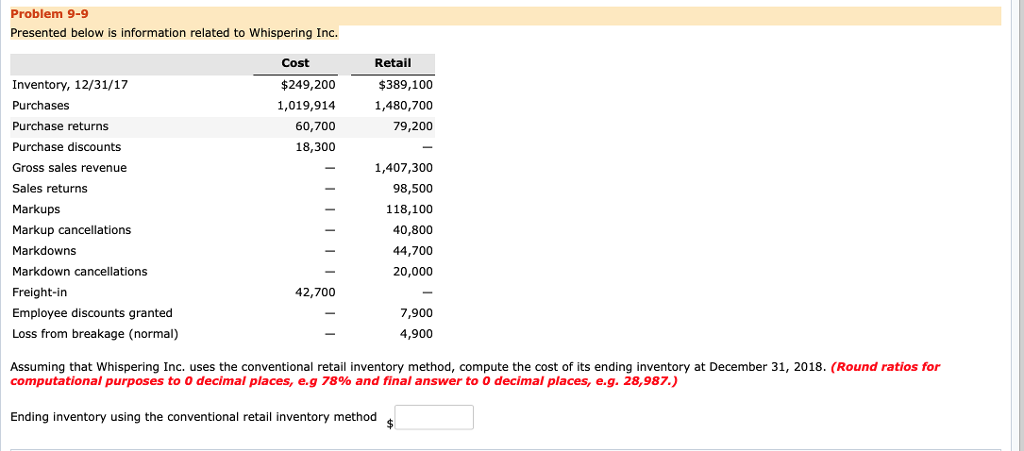 Problem 9-9 Presented below is information related to Whispering Inc. Retail