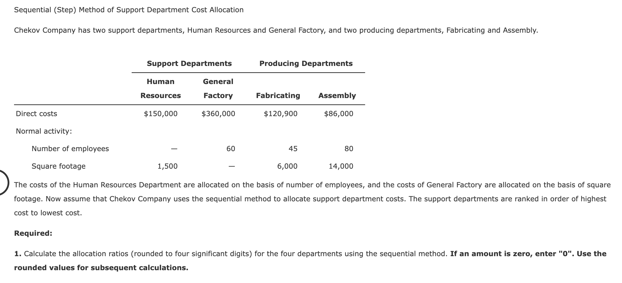 Sequential (Step) Method of Support Department Cost Allocation Chekov Company has