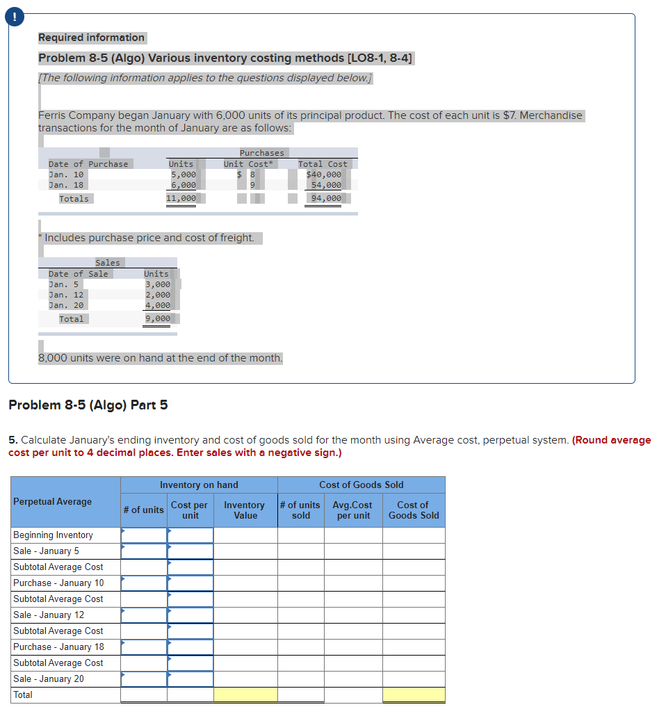 Required information Problem 8-5 (Algo) Various inventory costing methods [LO8-1, 8-4] Skip