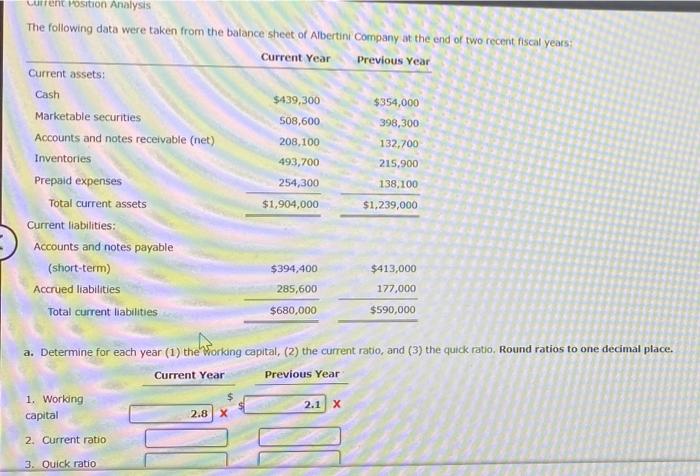  Current position Analysis The following data were taken from the balance