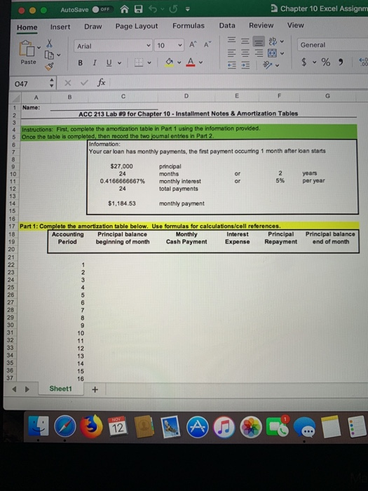  Chapter 10 Excel Assignm AutoSave OFF Formulas Data Review View Page