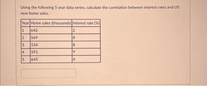  Using the following 5 year data series, calculate the correlation between
