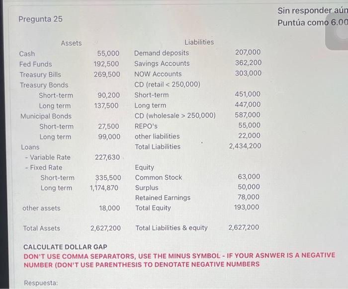 25 Pregunta 25 Sin responder an Punta como 6.00 DON'T USE COMMA
