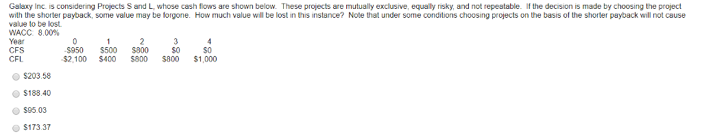 Galaxy Inc. is considering Projects S and L, whose cash flows