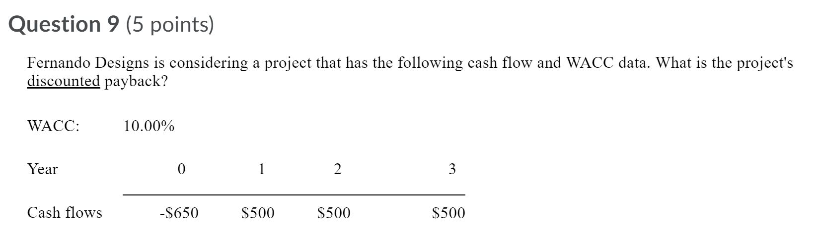 Question 9 (5 points) Fernando Designs is considering a project that