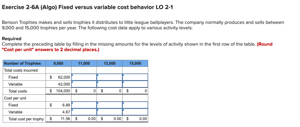  Exercise 2-6A (Algo) Fixed versus variable cost behavior LO 2-1 Benson