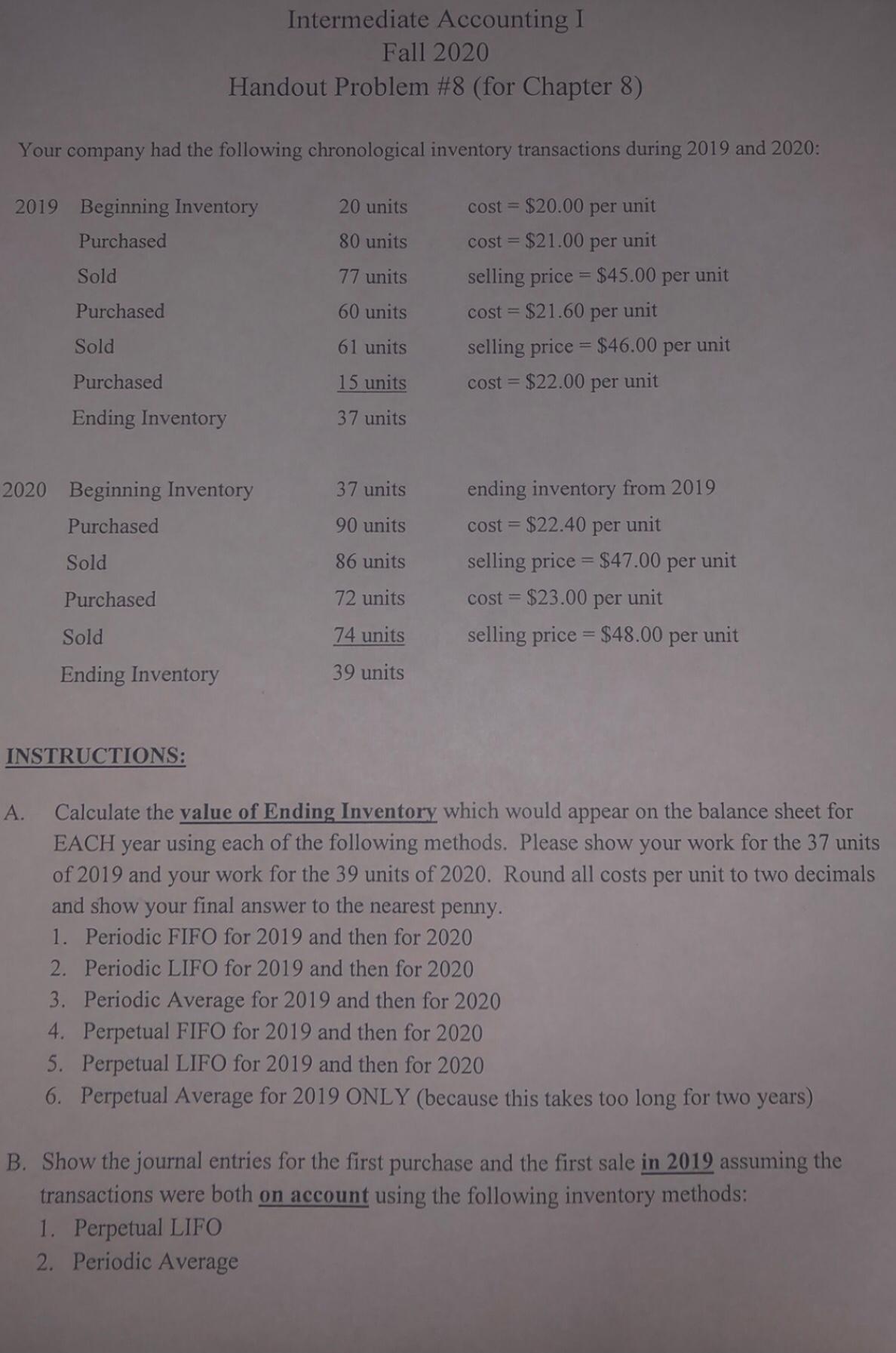 Intermediate Accounting I Fall 2020 Handout Problem #8 (for Chapter 8)