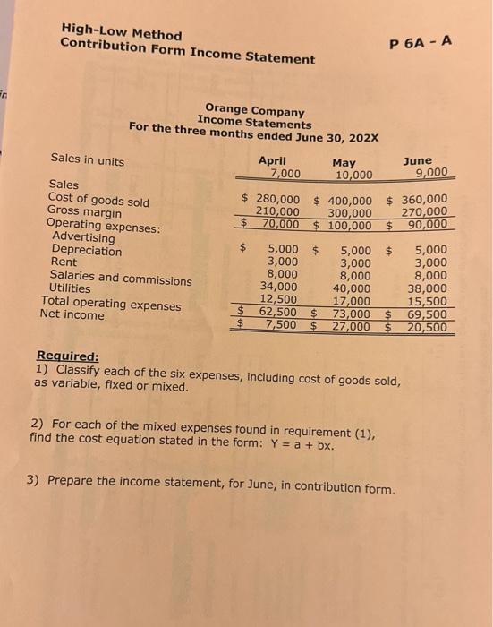 please help High-Low Method Contribution Form Income Statement P 6AA Orange Company