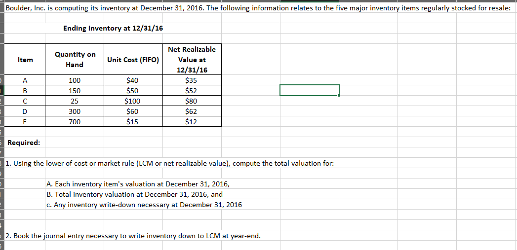 Please solve for the following below Boulder, Inc. is computing its inventory