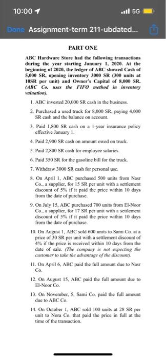 10:00 1 5G Done Assignment-term 211-ubdated... PART ONE ABC Hardware Store