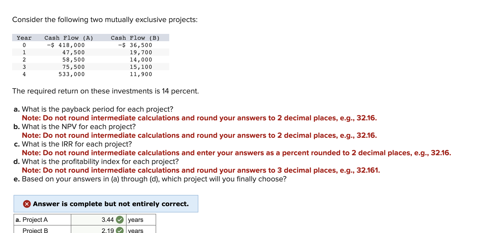  Consider the following two mutually exclusive projects: The required return on