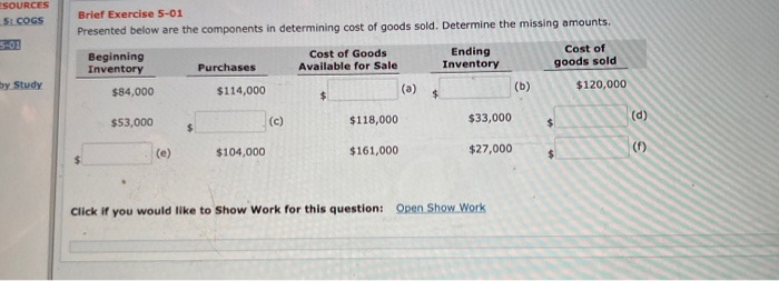 ESOURCES 51 COGS Brief Exercise 5-01 Presented below are the components