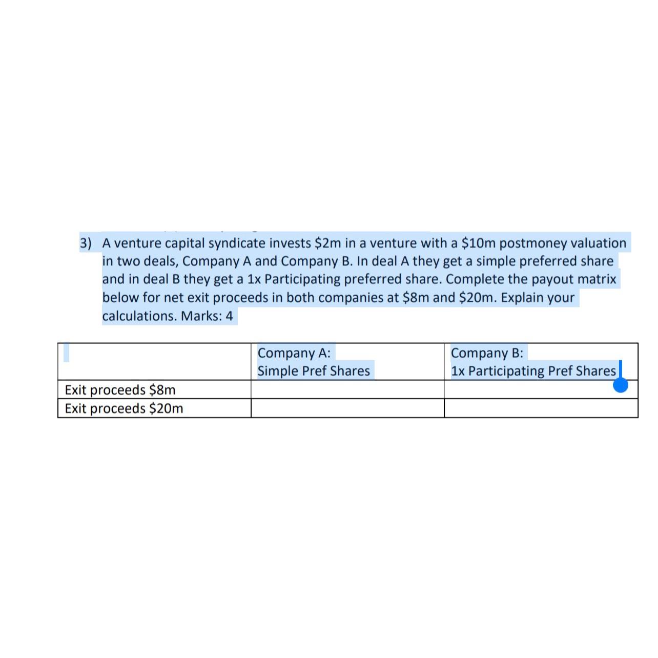  A venture capital syndicate invests $2m in a venture with a