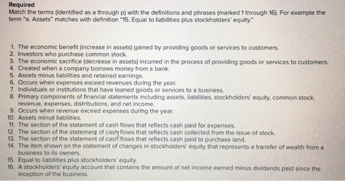  Required Match the terms (identified as a through p) with the