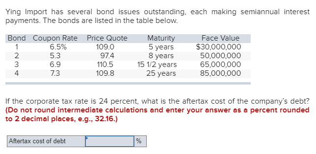 Ying Import has several bond issues outstanding, each making semiannual interest payments.