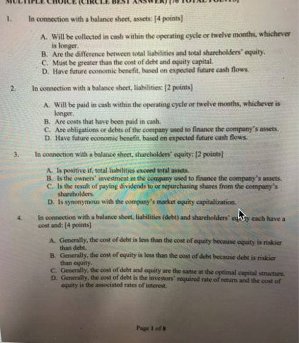  In connection with a balance sheet, assets: 14 points] A. Will
