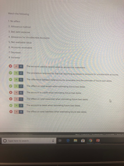  Match the following 1. No effect 2. Allowance method 3. Bad